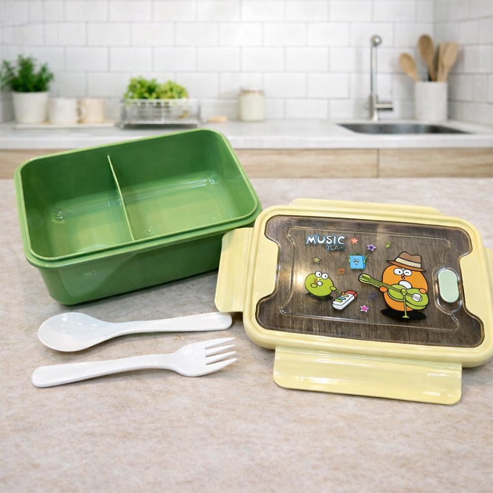 2 Compartment Rectangular Lunch Box with Spoon