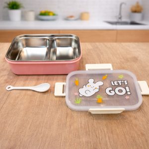2 Compartment  Heat Insulated Rectangular Lunch Box with Spoon photo 1
